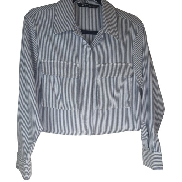 2/$30 ZARA Womens Small Blue & White Striped Long Sleeve Cropped Shirt - Picture 7 of 12